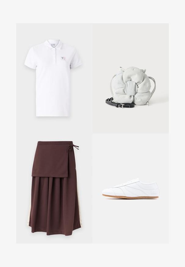 Polo shirt blanc en coton avec une patte de boutonnage à deux boutons. Il présente un petit patch logo imprimé sur la poitrine gauche et des manches courtes.; Jupe midi marron avec plis et un panneau portefeuille attaché noué à la taille, avec des bandes latérales blanches verticales.; Baskets basses blanches à lacets, tige en cuir lisse, panneaux subtilement cousus et semelle en caoutchouc marron clair.; Sac à main en tissu gris en forme de fleur avec une bandoulière en cuir noir réglable enroulée à côté sur fond blanc.