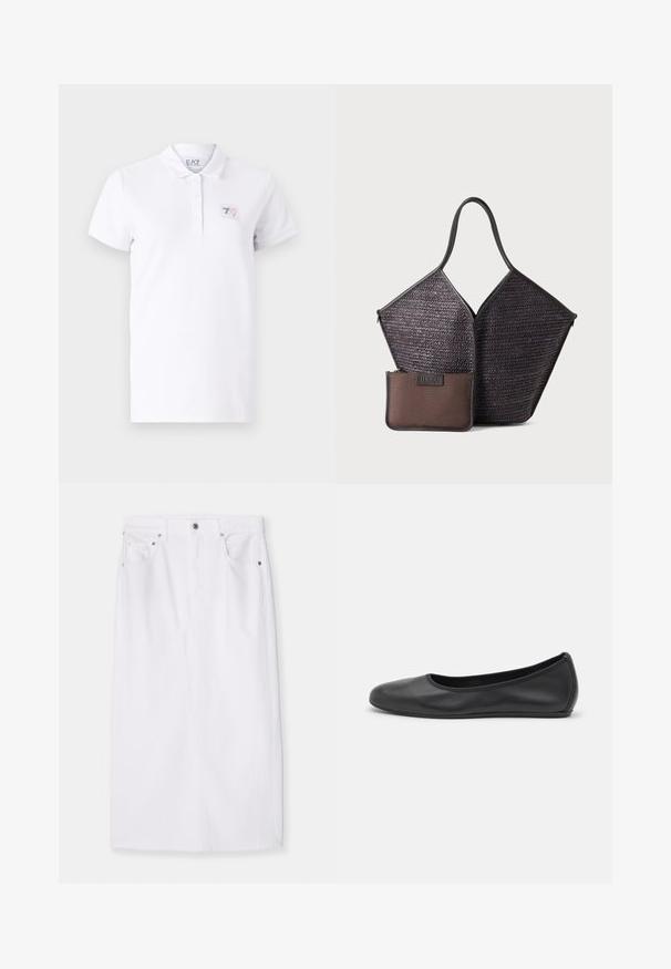 Hvid polo t-shirt lavet af bomuld med en to-knaps placket. Har et lille trykt logo patch på venstre bryst og korte ærmer.; Hvid denimnederdel med lige snit, der har en talje og lynlås foran, prydet med sølvhardware og fem lommer. Rent design.; Sort læderballetsko med rund tå, glat tekstur, minimal syning og et fleksibelt såldesign.; Hereu CALELLA - Shopping bags - dark brown