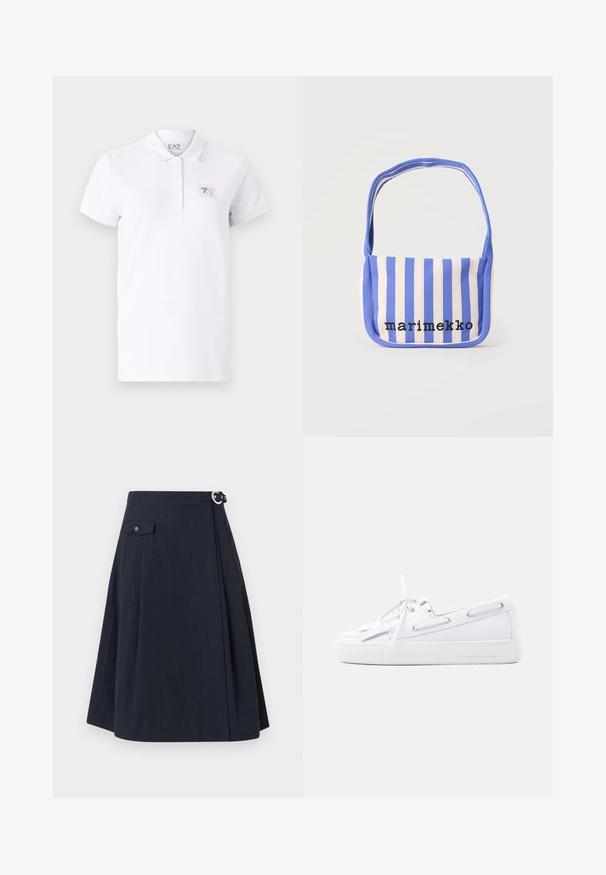 Polo shirt blanc en coton avec une patte de boutonnage à deux boutons. Il présente un petit patch logo imprimé sur la poitrine gauche et des manches courtes.; Jupe évasée bleu marine avec fermeture à boutons sur le côté, dotée d'une poche avant et d'un tissu lisse et léger avec un léger éclat.; Chaussure bateau en cuir blanc avec laçage à l'avant, œillets sur les côtés, détail pompon et semelle en caoutchouc plate sur un fond clair uni.; Sac d'épaule en tissu rayé vertical bleu et blanc avec le texte "marimekko" brodé en noir à l'avant.