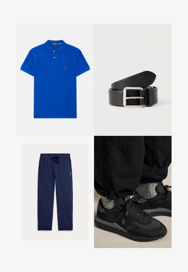 Blaues kurzärmeliges Polohemd mit zwei Knöpfen, Kragen und kleinem roten gestickten Logo auf der linken Brust.; Marineblaue Jogginghosen aus weicher Baumwolle, mit einem Kordelzugbund und einem kleinen Logo am oberen linken Bein. Glatte Textur, gerader Schnitt.; Schwarze Sneakers mit Schnürsenkeln und grauem Logo, getragen mit grauen Socken und schwarzen Hosen auf einem beigen Boden.; Schwarzer Ledergürtel mit glatter Textur, silberner Metallschnalle und einem klaren, einfachen Design. Verfügt über Löcher für eine verstellbare Passform.