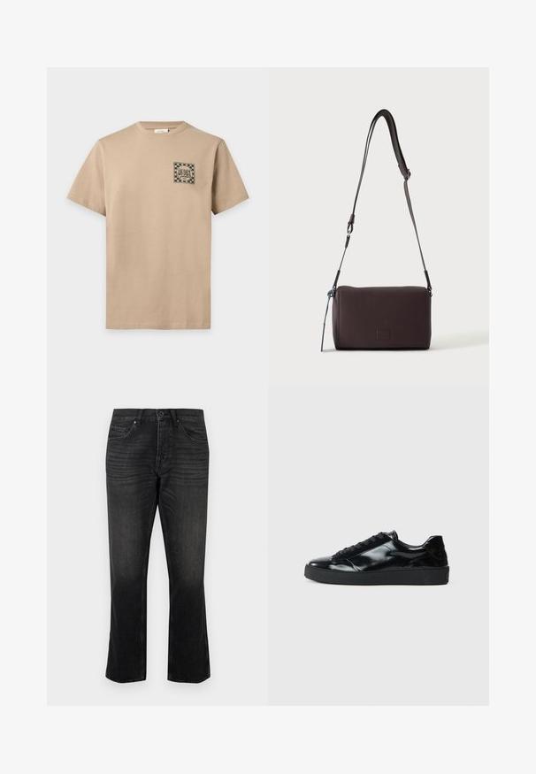 T-shirt beige à manches courtes et col rond avec un petit logo carré à damier et un texte sur la poitrine gauche indiquant "LES DEUX goods".; Jean en denim noir avec une coupe droite, comportant des poches avant et une fermeture à bouton. Décoloration subtile et détail de tissu texturé.; Baskets en cuir verni noir avec un bout arrondi, un laçage, une semelle en caoutchouc texturé et une finition lisse.; Sac bandoulière en cuir marron foncé texturé avec une sangle réglable et un petit accent décoratif bleu sur le côté.