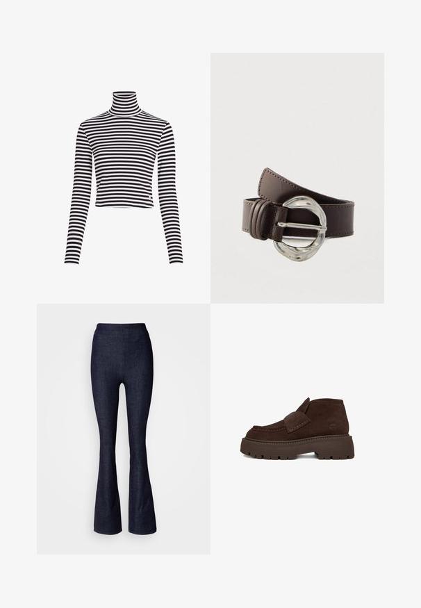 Top de tortuga a rayas en blanco y negro con mangas largas y un diseño cropped, hecho de un material acanalado. Presenta un pequeño logo de la marca en el dobladillo.; Pantalones acampanados de mezclilla azul oscuro con una pretina alta, que presentan una textura suave y un ligero brillo, sin herrajes ni adornos visibles.; Botines hasta el tobillo de ante marrón con suela gruesa de goma, con costuras en contraste y un detalle de solapa en la parte superior. Acabado flexible y texturizado.; Cinturón de cuero marrón con una correa ancha, que presenta una hebilla circular plateada distintiva y detalles de costura a lo largo de los bordes.