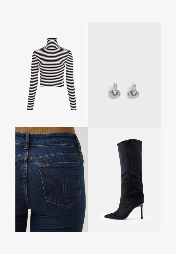 Zwart-wit gestreepte coltrui met lange mouwen en een cropped ontwerp, gemaakt van een geribbelde stof. Heeft een klein merkje aan de zoom.; Donkerblauwe denim jeans met een getailleerd ontwerp, voorzien van gouden stiksels en een klein zwart label op de achterzak.; Zwarte suède kniehoge laarzen met een spitse neus en een slanke stilettohak, met een gladde textuur en een getailleerd ontwerp.; Een paar kleine, glanzende zilveren creolen met een ronde basis, afgebeeld op een effen lichte achtergrond.