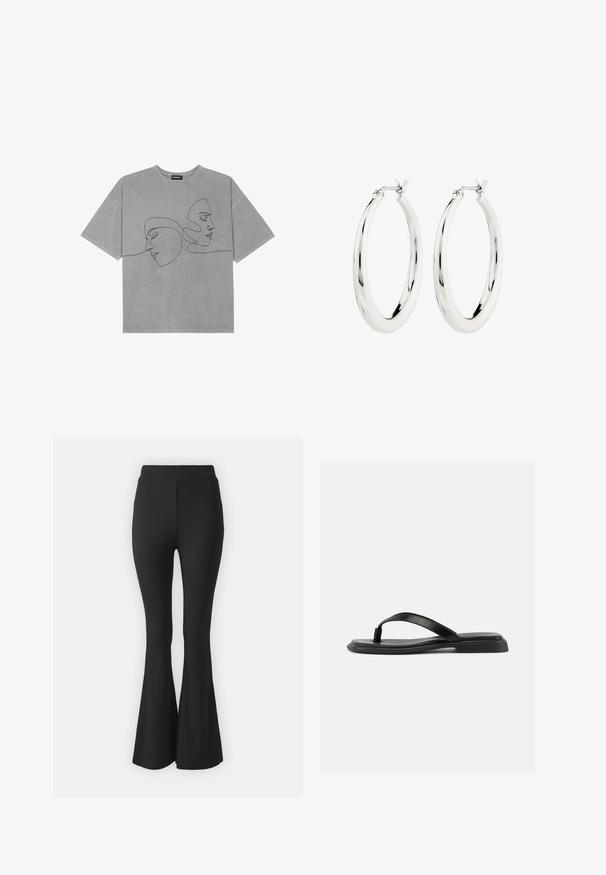 Grijze katoenen T-shirt met korte mouwen, voorzien van minimalistische zwarte lijntekeningen van twee gezichten op de voorkant, ronde halslijn en een ontspannen pasvorm.; Zwarte flared broeken van rekbare stof. Heeft een hoge tailleband en een gladde, aansluitende pasvorm die vanaf de knie uitloopt.; Zwarte platte teenslipper met gestructureerde band en licht verhoogde hak, weergegeven in zijprofiel tegen een effen lichte achtergrond.; Zilveren oorbellen in de vorm van een gladde, glanzende ring. Circulaire vorm, voorzien van een veilige sluiting. Eenvoudig en elegant ontwerp.