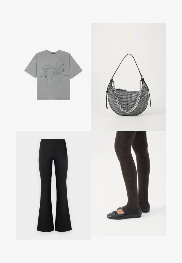 Grijze katoenen T-shirt met korte mouwen, voorzien van minimalistische zwarte lijntekeningen van twee gezichten op de voorkant, ronde halslijn en een ontspannen pasvorm.; Zwarte flared broek van een soepele, rekbare stof. Kenmerkt zich door een hoge tailleband en flare onderkanten voor een strakke pasvorm. Eenvoudig ontwerp.; Benen met donkere geribbelde leggings gecombineerd met zwarte ballerina's met kleine strikdetails op een witte achtergrond.; Zwarte mesh handtas met een maansvorm, voorzien van een zilveren kettingband en zwarte leren accenten. Getextureerd oppervlak met een ritssluiting.