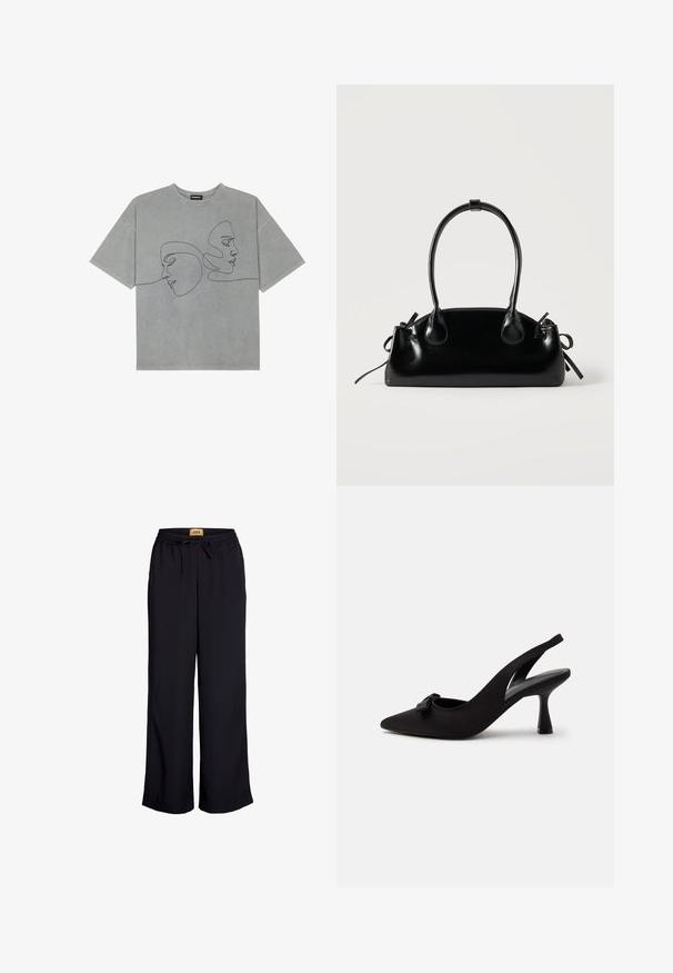 T-shirt en coton gris à manches courtes, présentant un dessin minimaliste en ligne noire de deux visages sur le devant, un col rond et une coupe décontractée.; Pantalons larges noirs avec une taille élastique et un cordon de serrage. Fabriqués à partir d'un tissu lisse sans motifs ni accents visibles.; Chaussure à talon haut slingback noire à bout pointu avec un petit nœud sur le devant et un talon fin, présentée sur un fond blanc.; Petit sac à main noir brillant avec deux longues anses et des détails à cordon sur les côtés sur un fond clair uni.
