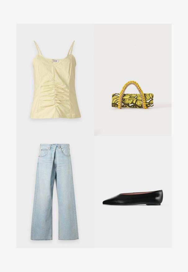 Débardeur jaune clair sans manches avec des bretelles réglables et des détails froncés à l'avant. Fabriqué à partir d'un tissu texturé, il présente un col en V.; Jean denim bleu clair à jambes larges avec passants de ceinture et poches avant, présenté de face sur un fond uni.; Chaussure plate en cuir noir pour femme, avec bout pointu et petit talon, vue de côté sur un fond gris clair uni.; Sac rectangulaire avec motif floral jaune et noir et anse tressée jaune et rose sur fond blanc.