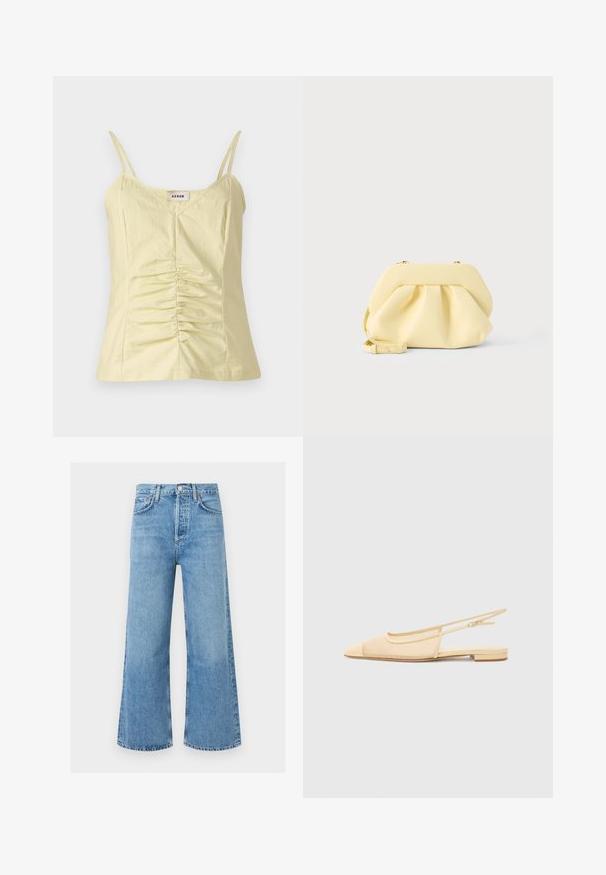 Débardeur jaune clair sans manches avec des bretelles réglables et des détails froncés à l'avant. Fabriqué à partir d'un tissu texturé, il présente un col en V.; Jean en denim bleu clair taille haute à jambes larges avec bouton devant et poches, présenté sur un fond blanc uni.; Chaussure plate slingback en beige clair avec une tige en maille, un bout pointu et un petit talon. Dotée d'une sangle ajustable pour un bon maintien.; Pochette en cuir jaune doux avec un design froncé et une bandoulière amovible, posée sur un fond clair uni.
