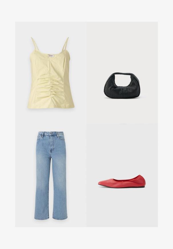 Helles gelbes ärmelloses Top mit verstellbaren Trägern und gerafften Details an der Vorderseite. Hergestellt aus einem strukturierten Stoff mit V-Ausschnitt.; Hellblaue Denim-Hosen mit weitem Bein und hoher Taille, fünf Taschen-Design und kontrastierenden Nähten an den Kanten.; Filippa K REY FLATS - Klassischer Ballerina - bright red; Schwarze gewebte Hobo-Tasche mit weicher Struktur und integriertem Griff, dargestellt vor einem schlichten hellen Hintergrund.