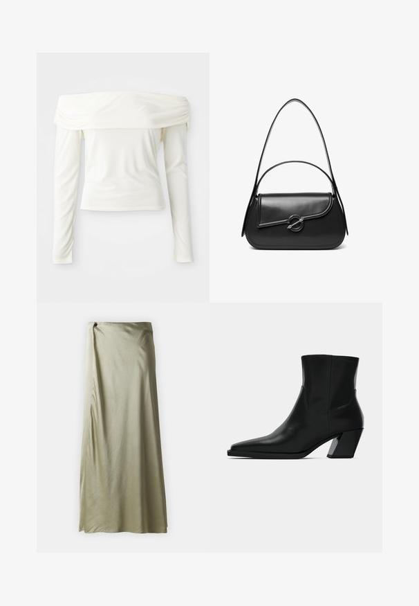 Off-shoulder langærmet top i crème hvid, lavet af glat stof med en tætsiddende silhuet og samlet detalje ved udskæringen.; Lang, olivengrøn nederdel lavet af glat stof med et omsluttet design, der har en side-split og en dekorativ knapdetalje ved taljen.; Sortlæder ankelstøvle med spids tå, en slank silhuet og en kraftig firkantet hæl. Glat tekstur med minimale stikninger.; Sort skuldertaske i læder med en buet klap, der er fastgjort med en rund metal spænde, og en slank, justerbar rem.
