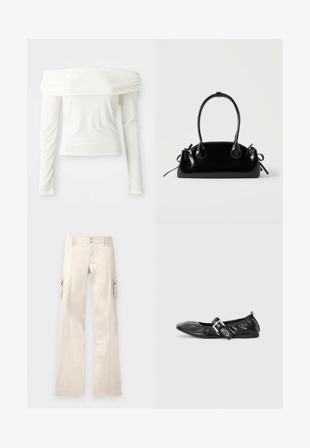 Blusa de manga larga con los hombros al descubierto en color blanco crema, hecha de una tela suave con un corte ajustado y detalle fruncido en el escote.; Pantalones cargo beige con piernas anchas, cierre frontal de botones, trabillas para cinturón y bolsillos con solapa a ambos lados.; Zapato plano de piel negra con puntera afilada, detalle fruncido alrededor de la abertura y un acento de hebilla plateada en la correa ajustable.; Pequeño bolso negro brillante con dos asas largas y detalles de cordón lateral sobre un fondo claro liso.