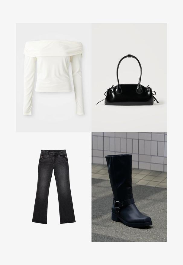 Off-shoulder langærmet top i crème hvid, lavet af glat stof med en tætsiddende silhuet og samlet detalje ved udskæringen.; Sorte denimjeans med vidde i benene, design med fem lommer, knaplukning og en diskret falmet tekstur over hele stoffet.; Sort læderstøvle midt på læggen med lav blokhæle og en dekorativ rem med metal spænde rundt om anklen, på en flisebelagt fortov.; Lille sort blank håndtaske med to lange håndtag og snøre-detaljer i siden på en ensfarvet lys baggrund.