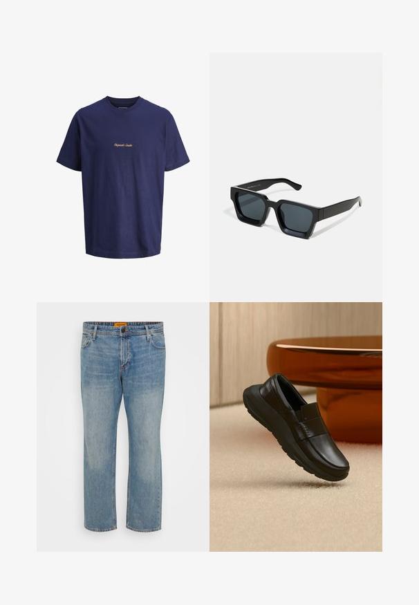 Marineblå bomulds t-shirt med rund hals og korte ærmer; "Originals Studio" broderet med kontrastfarvet tan tråd på brystet.; Lyseblå denim jeans med lige ben, der har fem lommer, knaplukning og orange mærke på taljebåndet.; Sort læderloafer med tyk sål, vist over beige tæppe og nær en rund bordfod i ravfarve.; Sorte rektangulære solbriller med mørke linser. Tyk, glat plastikramme med let blank finish og lige stænger.