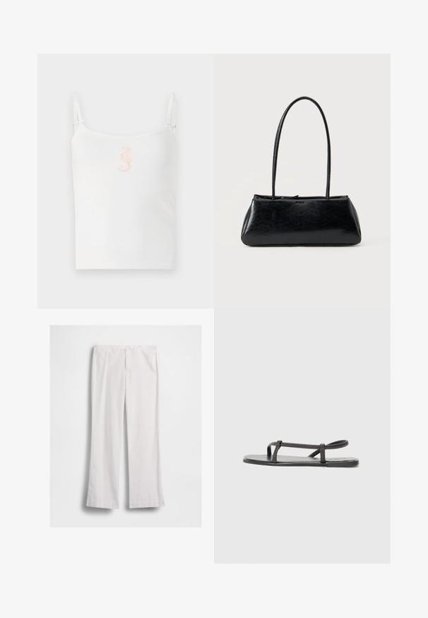 Hvid ribbet tanktop med tynde stropper, med et lille pink søhestedesign i midten. Glat tekstur, afslappet pasform.; Hvide bukser med lige ben, foran lynlås og knaplukning, vist fladt på en hvid baggrund.; Sorte flade sandaler med tynde, teksturerede stropper og et minimalistisk design. Sålen er glat, og den overordnede form er slank og underspillet.; Sort rektangulær skuldertaske med lange tynde stropper og en glat, blank tekstur på en ensfarvet baggrund.