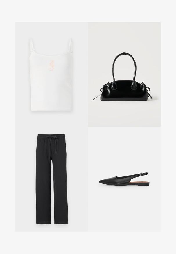 Hvid ribbet tanktop med tynde stropper, med et lille pink søhestedesign i midten. Glat tekstur, afslappet pasform.; Sorte bukser med en afslappet pasform, lavet af tekstureret stof, med elastisk talje og snøre til justerbar størrelse.; Sorte læder slingback sko med spidse tæer, subtil glans og justerbar ankelrem. Flad hæl med en brun indersål.; Lille sort blank håndtaske med to lange håndtag og snøre-detaljer i siden på en ensfarvet lys baggrund.