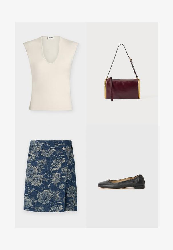 Haut beige sans manches avec un profond col en V et des épaules structurées, en tissu lisse, présenté sur un fond uni.; Jupe portefeuille en denim avec motif floral bleu et beige, dotée de deux boutons-pression argentés et d'un panneau avant asymétrique.; Ballerines en cuir noir avec un bout arrondi et des coutures minimales. Talon bas et rectangulaire avec une texture lisse. Détails subtils de doublure intérieure.; Sac d'épaule cylindrique en cuir bordeaux avec accents en métal doré et bandoulière noire réglable sur fond gris clair.
