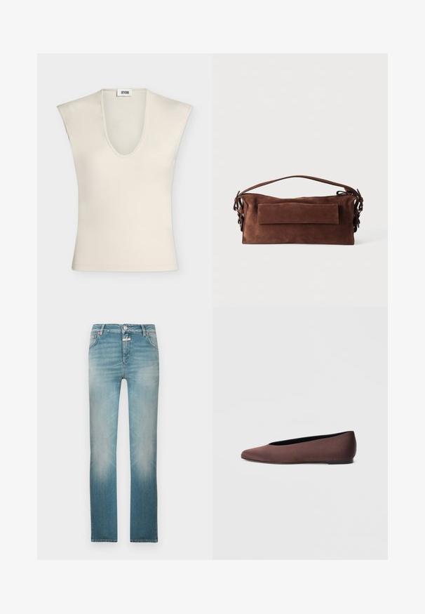 Haut beige sans manches avec un profond col en V et des épaules structurées, en tissu lisse, présenté sur un fond uni.; Jean en denim bleu clair à coupe droite, finition délavée, cinq poches et fermeture par bouton en métal à la taille.; Ballerines en tissu marron avec un bout pointu et une texture lisse, dotées d'un talon bas et d'une fine semelle noire. Aucune motif ni élément métallique visible.; Sac à main rectangulaire en daim marron avec une poignée supérieure, une poche avant à rabat et des détails à lacets de chaque côté sur un fond uni.