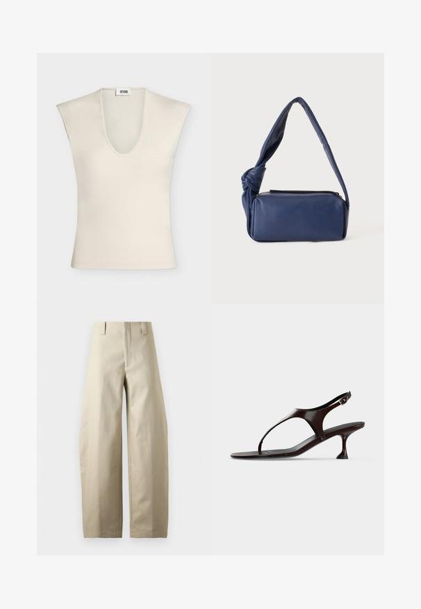 Haut beige sans manches avec un profond col en V et des épaules structurées, en tissu lisse, présenté sur un fond uni.; Pantalon beige taille haute à jambes larges avec passants de ceinture, fermeture éclair devant et finition en tissu lisse et structuré.; Sandale slingback en cuir verni marron foncé avec petit talon et bride entre les orteils sur fond blanc.; Sac à bandoulière rectangulaire en cuir bleu foncé avec une sangle douce nouée et une fermeture éclair sur le dessus, présenté sur un fond uni.