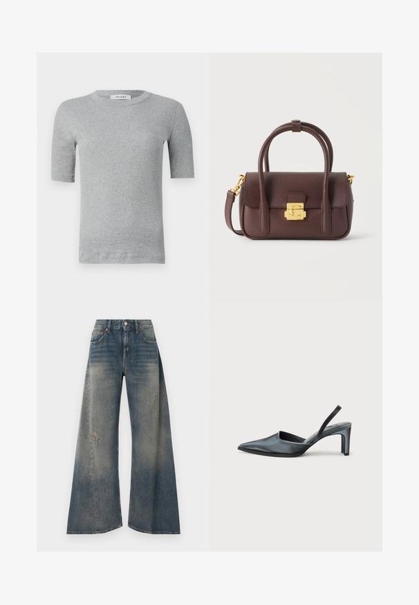 Graues Kurzarmshirt aus geribbeltem Stoff. Hat einen runden Ausschnitt und ein tailliertes Design mit sauberen Kanten und minimalen Details.; Jeans mit weitem Bein aus Denim in verblasstem Blau mit ausgefransten Stellen. Verfügt über fünf Taschen, einen vorderen Knopfverschluss und gleichmäßige Nähte.; Schwarzer Slingback-Absatz mit spitzem Zehenbereich, eleganter Satinoptik und schlankem 7,5 cm Absatz. Offenes Seitendesign mit minimalen Nahtdetails.; Kleine braune Lederhandtasche mit zwei Griffen, goldfarbenem Verschluss und abnehmbarem Schulterriemen auf weißem Hintergrund.