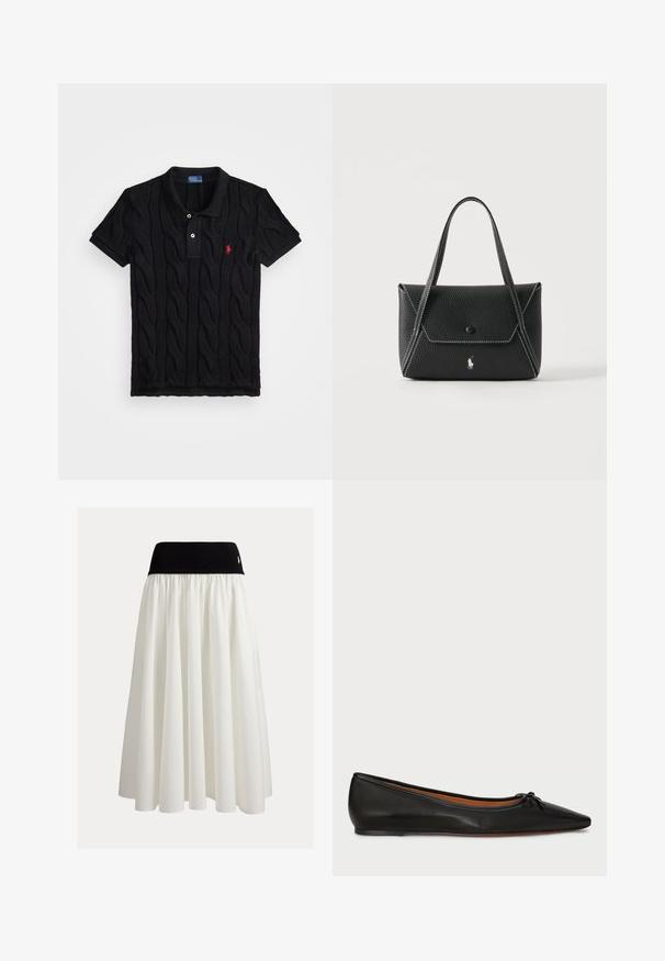 Polo negro de punto con patrón de trenzado, mangas cortas y un cuello negro en contraste. Presenta tres botones y un detalle del logo en rojo.; Falda midi blanca con una cinturilla elástica negra. Fabricada en algodón ligero, presenta un diseño voluminoso y fruncido sin patrones visibles.; Bailarina de cuero negro con punta afilada, silueta delgada y un pequeño lazo en la parte frontal. Textura lisa y diseño minimalista.; Bolso de mano de cuero negro con dos asas, solapa frontal con cierre de botón, costuras blancas y pequeño logo de caballo sobre un fondo liso.