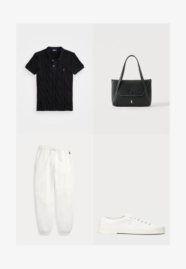 Sort strikket polo shirt med kabelmønster, kortærmet, og en kontrasterende sort krave. Har tre knapper og rødt logo-detalje.; Hvide fleece-sweatpants med elastisk talje og manchetter, snor til justering og lille mørkeblå broderet logo på venstre hofte.; Hvide lærredssneakers med rund tå, snørelukning og diskret logo-detalje. Har en tekstureret overflade og gummisål.; Sort læderhåndtaske med to håndtag, frontklap med knaplukning, hvide syninger og lille hestelogo på ensfarvet baggrund.