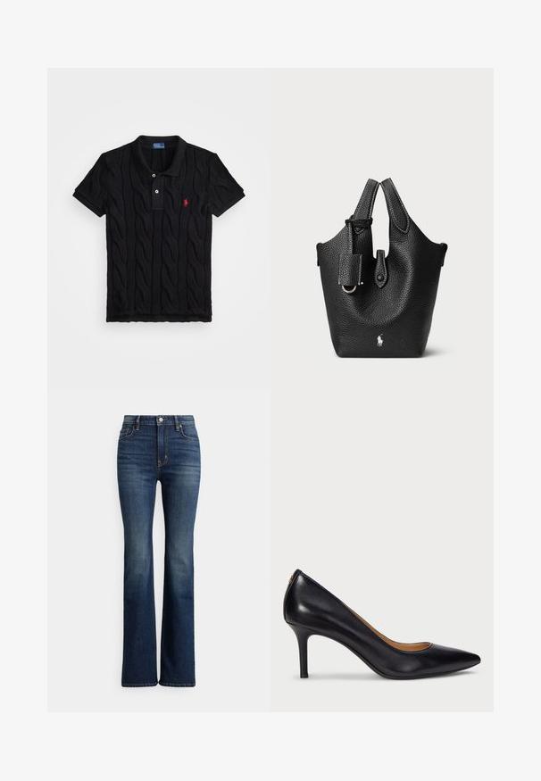 Polo negro de punto con patrón de trenzado, mangas cortas y un cuello negro en contraste. Presenta tres botones y un detalle del logo en rojo.; Vaqueros acampanados de tiro alto en azul oscuro con botón frontal y bolsillos, con un ligero desgaste en los muslos y las zonas de las rodillas, mostrados sobre un fondo blanco.; Lauren Ralph Lauren LANETTE PUMPS CLOSED TOE - Tacones - black; Bolso tipo cubo de cuero negro con un acabado texturizado, que cuenta con asas cortas, una correa desmontable y un acento de logo plateado en la base.