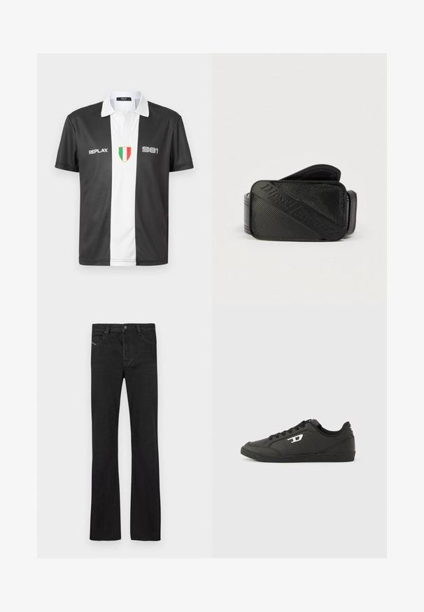 Polo de manga corta en blanco y negro con cuello, que presenta el logo "REPLAY", el número "981" y un emblema de la bandera italiana en la parte frontal.; Jeans de mezclilla negros con un corte recto, con cinco bolsillos, cierre frontal con botón y una sutil costura roja en el bolsillo izquierdo.; Zapatillas deportivas negras sintéticas con suela negra texturizada, puntera redonda y cordones planos negros. Destaca un logo blanco en el lateral exterior.; Cinturón negro con un diseño texturizado y un logotipo en relieve prominente. El material parece suave con un acabado similar al cuero.