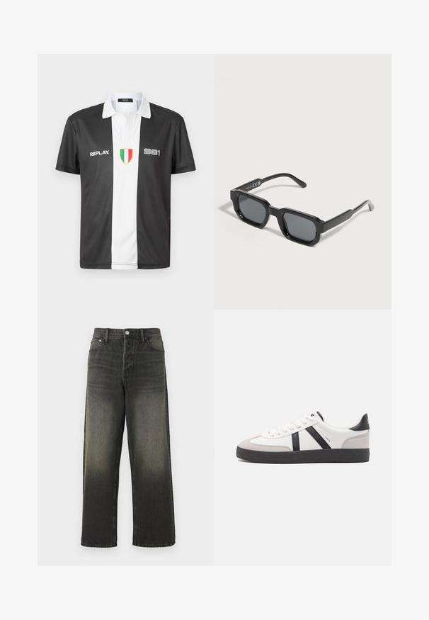Polo de manga corta en blanco y negro con cuello, que presenta el logo "REPLAY", el número "981" y un emblema de la bandera italiana en la parte frontal.; Jeans de mezclilla negra con un corte relajado, que presentan una cintura alta, herrajes plateados y una textura deslavada con sutiles pliegues. Piernas rectas sin adornos.; Zapatilla blanca con acentos en negro y gris, que presenta una puntera texturizada en gris, suela de goma negra y cordones planos blancos. Diseño limpio, estilo minimalista.; Gafas de sol rectangulares negras con montura gruesa y lentes tintados oscuros, inclinadas sobre un fondo blanco.