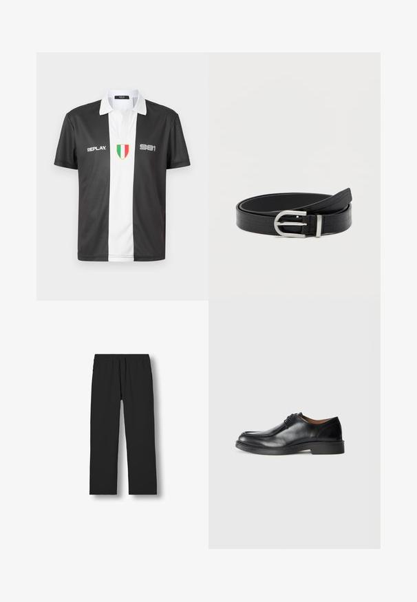 Sort-hvid kortærmet polo skjorte med krave, der har "REPLAY" logo, "981" nummer og italiensk flag emblem på forsiden.; Sorte bukser med lige ben, elastisk talje og snøre, vist fladt på en hvid baggrund.; Sorte lædersko med rund tå, glat overflade, snøre detaljer og en lav, tekstureret gummisål. Rene linjer og minimalistisk design.; Sort faux læderbælte med krokodillemønster og en sølvfarvet rund spænde, snoet på en ensfarvet hvid baggrund.