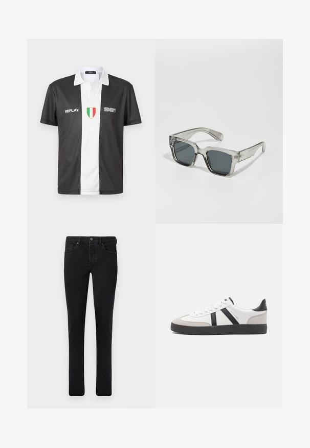 Schwarz-weißer Kurzarm-Polohemd mit Kragen, versehen mit "REPLAY"-Logo, der Nummer "981" und dem Emblem der italienischen Flagge auf der Vorderseite.; Dunkelblaue Jeans im Slim-Fit-Schnitt, mit Fünf-Taschen-Design und metallischem Knopfverschluss. Glatte Textur und gleichmäßige Farbe.; Weiße Sneaker mit schwarz- und grau-aczenten, ausgestattet mit einer strukturierten grauen Zehenkappe, schwarzer Gummi-Sohle und flachen weißen Schnürsenkeln. Sauberes Design, minimalistische Stil.; Klare, übergroße Sonnenbrillen mit dunklen Gläsern, ausgestattet mit einem massiven rechteckigen Rahmen und strukturierten Bügelakzenten. Hergestellt aus transparentem Kunststoff.