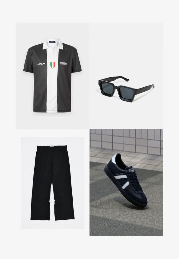 Polo de manga corta en blanco y negro con cuello, que presenta el logo "REPLAY", el número "981" y un emblema de la bandera italiana en la parte frontal.; Pantalones negros a rayas finas hechos de una tela suave y ligera. Presentan un diseño de pierna ancha a todo lo largo y bolsillos delanteros.; Zapatilla de cuero negra con rayas blancas, suela de goma texturizada y parte frontal con cordones. Cuenta con una etiqueta de marca en la lengüeta.; Gafas de sol negras rectangulares con lentes oscuros. Montura de plástico grueso y liso con un acabado ligeramente brillante y patillas rectas.