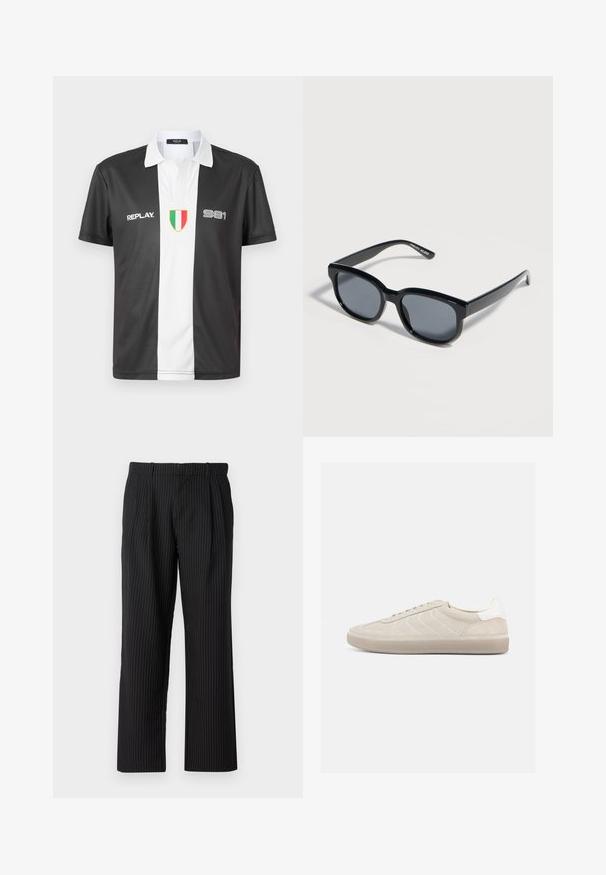 Polo de manga corta en blanco y negro con cuello, que presenta el logo "REPLAY", el número "981" y un emblema de la bandera italiana en la parte frontal.; Jack & Jones JPSTBILL JJDAYTONA WIDE CHINO - Pantalones chinos - black; Zapatilla beige de ante con parte superior texturizada, contrafuerte de talón blanco liso, cordones finos y suela de goma. Presenta un diseño de perfil bajo.; Gafas de sol rectangulares negras con lentes oscuras y montura gruesa, colocadas sobre una superficie clara.