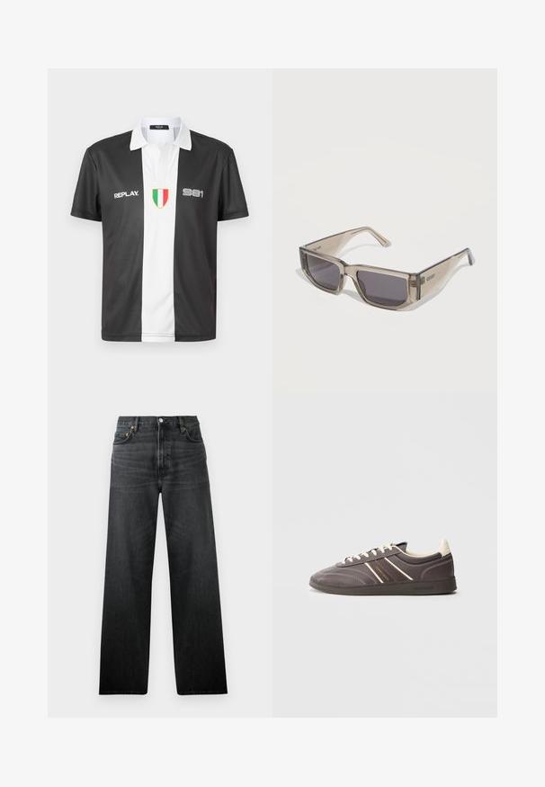 Sort-hvid kortærmet polo skjorte med krave, der har "REPLAY" logo, "981" nummer og italiensk flag emblem på forsiden.; Sorte denimbukser med lige ben, der har fem lommer og knappelukning. Stof har en let glans og synlig tekstur.; Mørkegrå sneakers med cremefarvede accenter, gummisål, snørelukning og sidestriber. Indeholder syninger og logomærkning.; Gennemsigtige grå rektangulære solbriller med mørke linser og tykke arme, vinklet på en hvid baggrund.