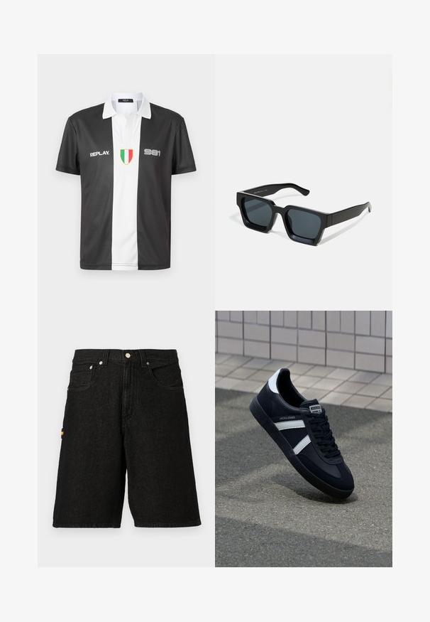 Polo de manga corta en blanco y negro con cuello, que presenta el logo "REPLAY", el número "981" y un emblema de la bandera italiana en la parte frontal.; Shorts de denim negro con un diseño clásico de cinco bolsillos, herrajes de plata y un sutil acento naranja en el bolsillo lateral.; Zapatilla de cuero negra con rayas blancas, suela de goma texturizada y parte frontal con cordones. Cuenta con una etiqueta de marca en la lengüeta.; Gafas de sol negras rectangulares con lentes oscuros. Montura de plástico grueso y liso con un acabado ligeramente brillante y patillas rectas.