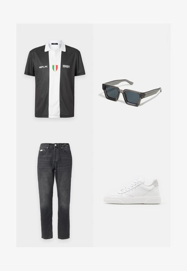 Polo de manga corta en blanco y negro con cuello, que presenta el logo "REPLAY", el número "981" y un emblema de la bandera italiana en la parte frontal.; Jeans de mezclilla negra con un diseño de pierna recta, estilo de cinco bolsillos y un ligero desgastado. Completados con un cierre de botón y cremallera.; Zapatillas de cuero blanca con un acabado suave, punta redondeada, cordones planos y una suela texturada. Acento de ante gris en el talón.; Jack & Jones JACPETER SUNGLASSES UNISEX - Gafas de sol - grey