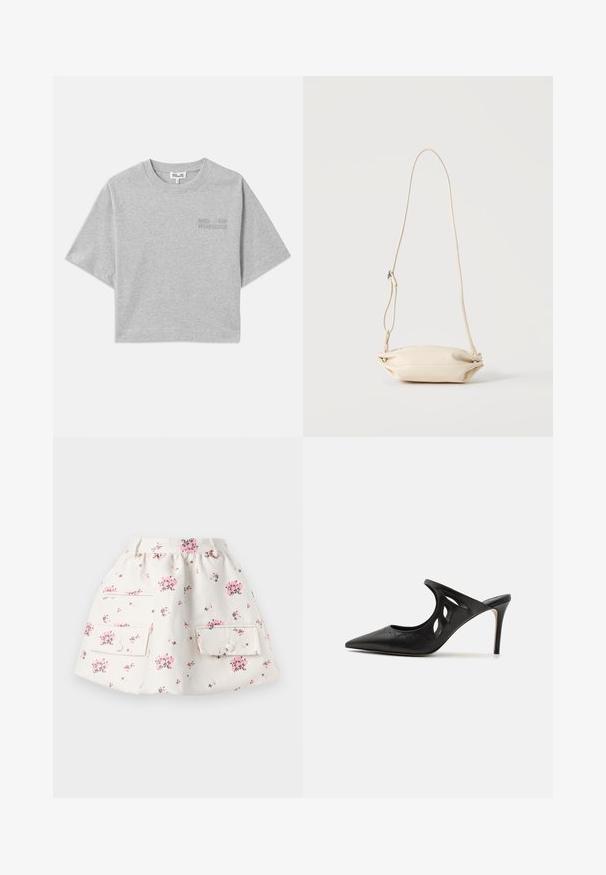 Grå cropped t-shirt med korte ærmer, lavet af blød bomuld. Har et subtilt præget logo på forsiden og en rund halsudskæring.; Blomster nederdel i hvidt stof med lyserøde og grønne blomstermønstre. Har to forlommer med klap og knaplukninger. Rynket talje.; Sorte læder højhælede mules med spids tå, udskåret sideskærm og glat tekstur. Stiletthæl og subtil syning.; Lille beige læder crossbody taske med justerbar rem, vist mod en ensfarvet lys baggrund.