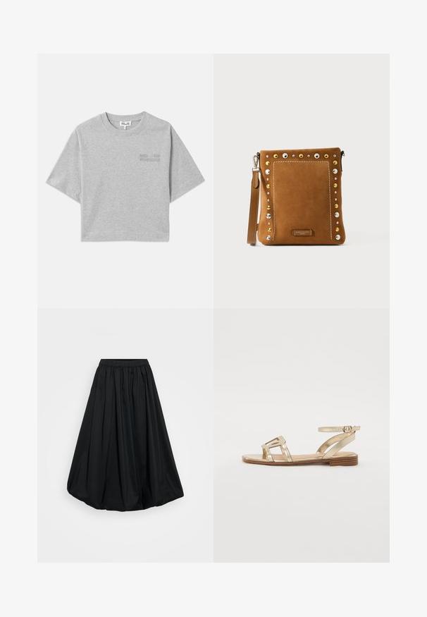 Grijze cropped t-shirt met korte mouwen, gemaakt van zachte katoen. Heeft een subtiele reliëflogo aan de voorkant en een ronde halslijn.; Zwarte, enkel-lange rok van lichtgewicht stof met een elastische tailleband en geraffineerd ontwerp, met een gladde textuur en volumineuze vorm.; ALDO GREENGROVE - Sandalen - gold; Bruine suede schoudertas met metalen studs in goud, zilver en wit, met een gestikt rand en een afneembare schouderband.