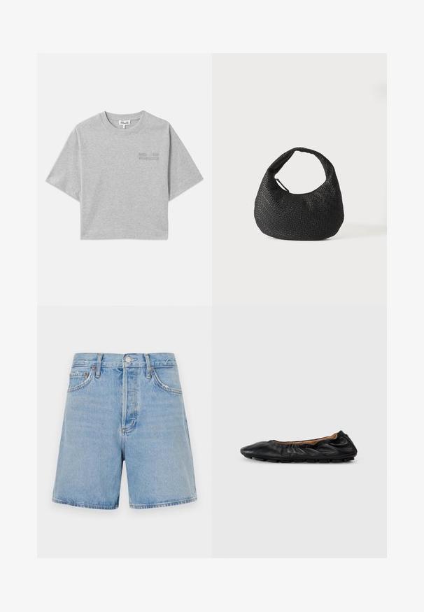 Grå cropped t-shirt med korte ærmer, lavet af blød bomuld. Har et subtilt præget logo på forsiden og en rund halsudskæring.; Lyseblå denimshorts med høj talje, fem lommer og standard knaplukning. Har diskret falming og lige ben design.; Sort læder balletflade med samlet detaljering ved kraven, rund tå og fleksibel gummisål. Glat tekstur hele vejen igennem.; Sort vævet læderhåndtaske med en buet hank og halvmåneformet krop, vist på en ensfarvet hvid baggrund.