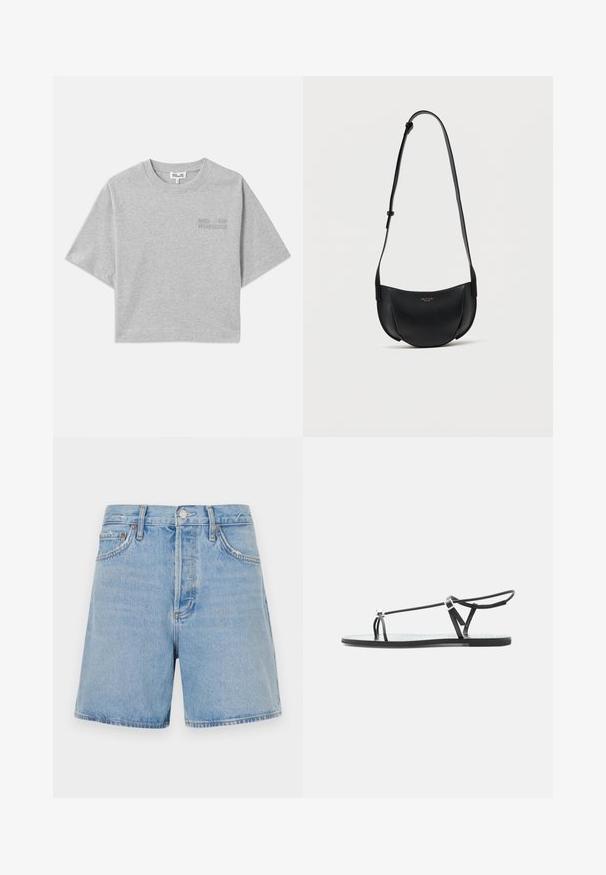 Grijze cropped t-shirt met korte mouwen, gemaakt van zachte katoen. Heeft een subtiele reliëflogo aan de voorkant en een ronde halslijn.; Lichtblauwe denimshorts met een hoge taille, vijf zakken en een standaard knoopsluiting. Voorzien van subtiele vervaging en een rechte pijpontwerp.; Zwarte platte sandaal met dunne bandjes, een teenlus en een verstelbare enkelgesp op een lichtgrijze achtergrond.; Zwart leren halvemaanvormige crossbodytas met verstelbare riem en klein gouden logo in het midden aan de voorkant.