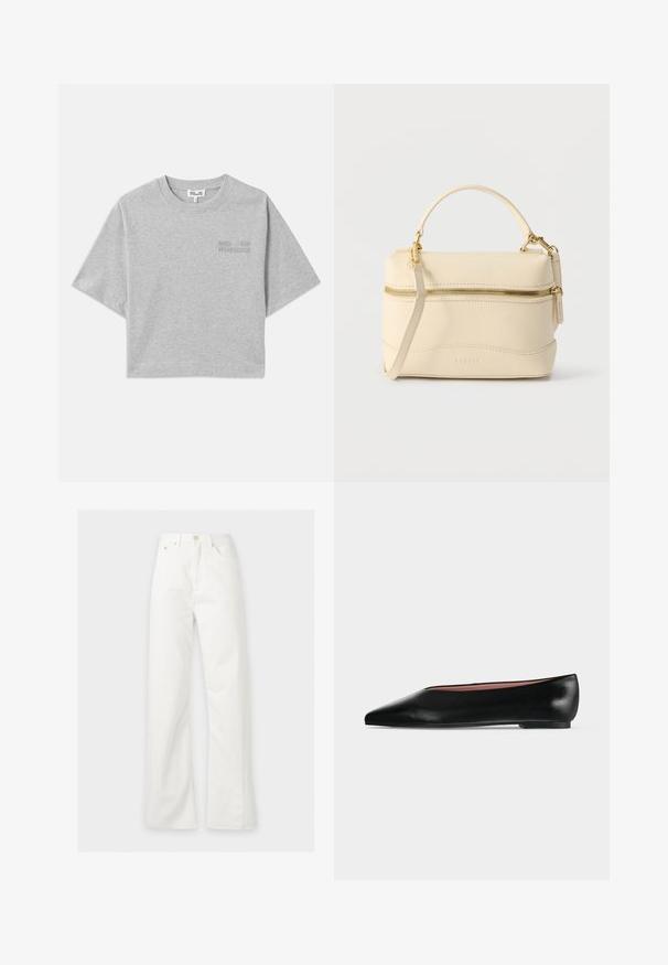 Grijze cropped t-shirt met korte mouwen, gemaakt van zachte katoen. Heeft een subtiele reliëflogo aan de voorkant en een ronde halslijn.; Witte jeans met hoge taille en rechte pijpen, met voorzakken, knoopsluiting en riemlussen op een lichte achtergrond.; Zwarte leren damesschoen met platte zool, puntige neus en lage hak, zijwaarts afgebeeld tegen een effen lichtgrijze achtergrond.; Kleine handtas van crèmekleurig leer met handvat aan de bovenzijde, afneembare schouderriem en gouden ritssluiting aan de voorkant.
