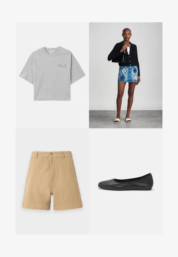 Graues, kurz geschnittenes T-Shirt mit kurzen Ärmeln, aus weicher Baumwolle. Verfügt über ein dezentes geprägtes Logo auf der Vorderseite und einen runden Halsausschnitt.; Beige Shorts aus Baumwolle mit klassischem Design, Frontknopfverschluss und Gürtelschlaufen. Glatte Textur mit Seitentaschen.; Schwarze Leder-Ballettschuhe mit abgerundeter Spitze, glatter Textur, minimalen Nähdetails und einem flexiblen Sohlen-Design.; Schwarze Strickjacke, weißes Oberteil, Jeansrock mit blauem und schwarzem Diamantenmuster, schwarze Handtasche und beige Rutschsandalen.