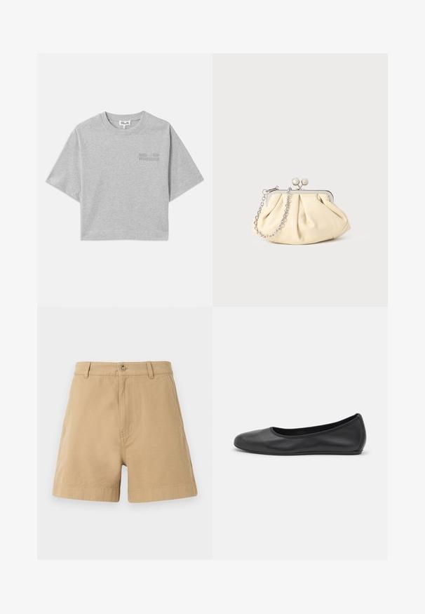 Camiseta gris corta con mangas cortas, hecha de algodón suave. Presenta un sutil logo en relieve en la parte frontal y un cuello redondo.; Pantalones cortos beige de algodón, con un diseño clásico que incluye un cierre frontal de botón y presillas para cinturón. Textura suave con bolsillos laterales.; Bailarina de piel negra con punta redondeada, textura suave, detalle de costura minimalista y diseño de suela flexible.; Clutch de cuero beige plisado con un marco de metal plateado, que cuenta con dos broches decorativos redondos y una correa de cadena plateada.