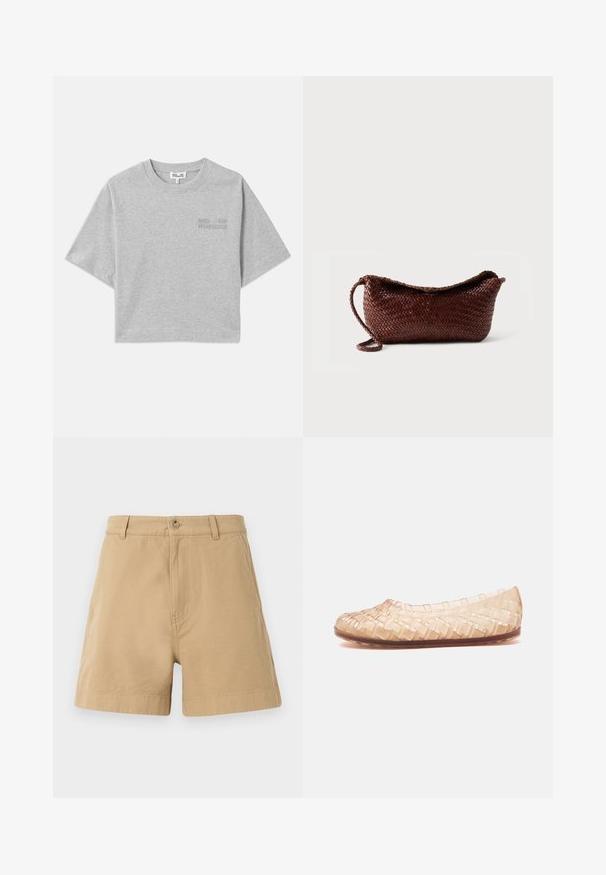Grå cropped t-shirt med korte ærmer, lavet af blød bomuld. Har et subtilt præget logo på forsiden og en rund halsudskæring.; Beige shorts lavet af bomuld, med et klassisk design, der har en frontknaplukning og bæltestropper. Glat tekstur med sidelommer.; Beige gennemsigtig vævet flad sko med rund tå og brun sål vist fra siden på hvid baggrund.; Brun flettet lædertaske med en enkelt rem og buet top mod en ensfarvet hvid baggrund.