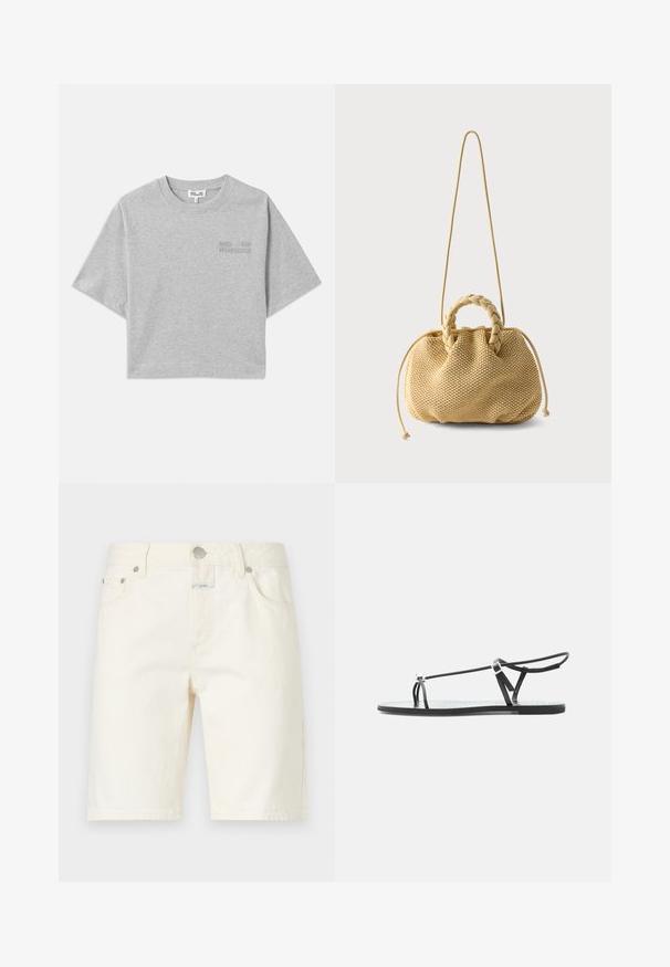 Camiseta gris corta con mangas cortas, hecha de algodón suave. Presenta un sutil logo en relieve en la parte frontal y un cuello redondo.; CLOSED JINNIE - Shorts - white; Sandalia plana negra con tiras finas, una lazada para el dedo y una hebilla ajustable en el tobillo sobre un fondo gris claro.; Bolso tejido beige con asas trenzadas en la parte superior, laterales con cordón ajustable y una correa larga y delgada para el hombro sobre un fondo blanco liso.