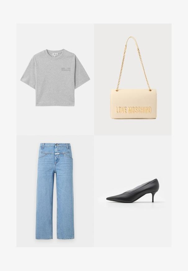 Grå cropped t-shirt med korte ærmer, lavet af blød bomuld. Har et subtilt præget logo på forsiden og en rund halsudskæring.; CLOSED STOVER - Jeans Relaxed Fit - light blue; Sorte spidse højhælede sko lavet af glat læder. Har en slank hæl og et minimalistisk design uden synlige udsmykninger.; Beige rektangulær håndtaske med guldkæde som rem og guldfarvet "LOVE MOSCHINO"-tekst på frontklappen.