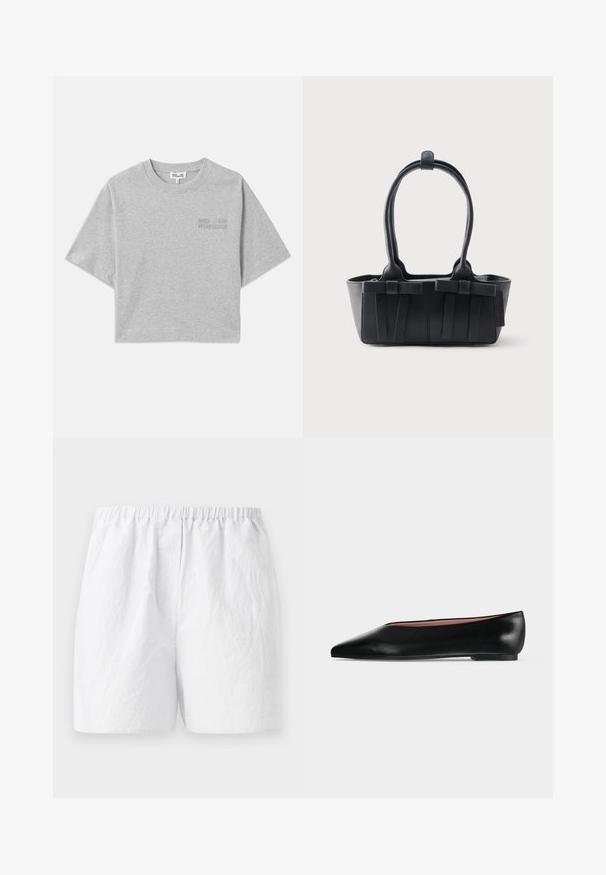 Grijze cropped t-shirt met korte mouwen, gemaakt van zachte katoen. Heeft een subtiele reliëflogo aan de voorkant en een ronde halslijn.; Witte shorts met een elastische tailleband, voorzien van een textuurstof en een relaxte pasvorm. Eenvoudig ontwerp, zonder patronen of versieringen.; Zwarte leren damesschoen met platte zool, puntige neus en lage hak, zijwaarts afgebeeld tegen een effen lichtgrijze achtergrond.; Zwarte leren handtas met twee handvatten, decoratieve riemen en een rechthoekige bodem op een effen lichte achtergrond.