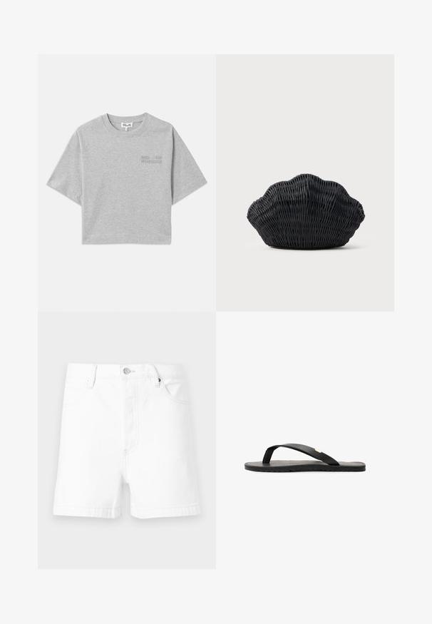 Graues, kurz geschnittenes T-Shirt mit kurzen Ärmeln, aus weicher Baumwolle. Verfügt über ein dezentes geprägtes Logo auf der Vorderseite und einen runden Halsausschnitt.; Weiße Jeansshorts mit Vordertaschen, Gürtelschlaufen und einem Metallknopfverschluss vor einfachem Hintergrund.; Schwarze Flip-Flop-Sandale mit flacher Sohle, strukturiertem schwarzen Fußbett, glatten Riemen und einem kleinen goldenen Akzent nahe dem Zehensteg.; Schwarze Korbtasche in Muschelform mit gebogenem Oberteil und gewebter Textur auf einfarbigem Hintergrund.