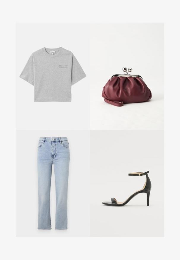 Graues, kurz geschnittenes T-Shirt mit kurzen Ärmeln, aus weicher Baumwolle. Verfügt über ein dezentes geprägtes Logo auf der Vorderseite und einen runden Halsausschnitt.; Hellblaue Jeans aus Denim mit geradem Bein, fünf Taschen, einem Knopf- und Reißverschluss sowie sichtbaren Nahtdetails.; Schwarze Leder-high-heeled Sandale mit Knöchelriemen. Verfügt über eine glatte Textur, offene Zehen und einen dünnen Absatz. Goldfarbener Schnallenakzent.; Kleine burgunderrote Lederclutch mit silbernem Metallverschluss und Handgelenksriemen auf weißem Hintergrund.