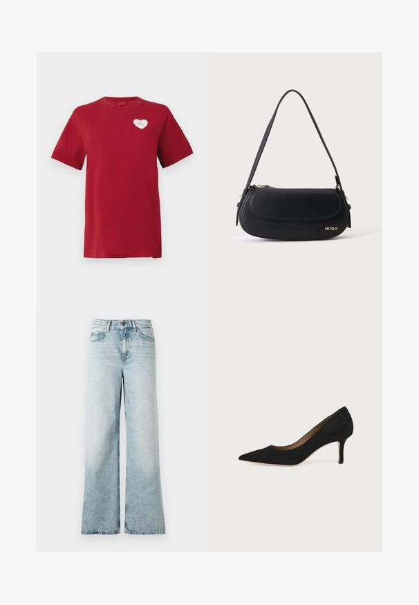 Rode T-shirt met korte mouwen en een klein wit hartlabel op de linkerborst met het woord "Hugo."; Lichtblauwe wijde spijkerbroek van denim, met een hoge taille, een cropped zoom en een zachte textuur met vervaagde details.; Zwarte suède pumps met spitse neus, een slanke middenhoge naaldhak en een laag uitgesneden ontwerp op een effen achtergrond.; Zwarte leren schoudertas met gebogen klep, gouden "HUGO" logo aan de voorkant en een enkele verstelbare riem.