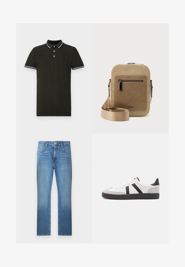 Polo shirt vert foncé en tissu texturé. Présente une patte de boutonnage à deux boutons, un col et des poignets à rayures blanches et marine contrastantes.; Jean bleu à jambes droites avec un effet délavé, fermeture avant par bouton et zip, et design à cinq poches sur fond blanc uni.; Baskets blanches avec des accents noirs et gris, présentant un embout texturé gris, une semelle en caoutchouc noir et des lacets plats blancs. Design épuré, style minimaliste.; Petit sac bandoulière beige avec poche avant zippée, logo métallique ALDO, sangle large ajustable et forme rectangulaire arrondie sur fond blanc.
